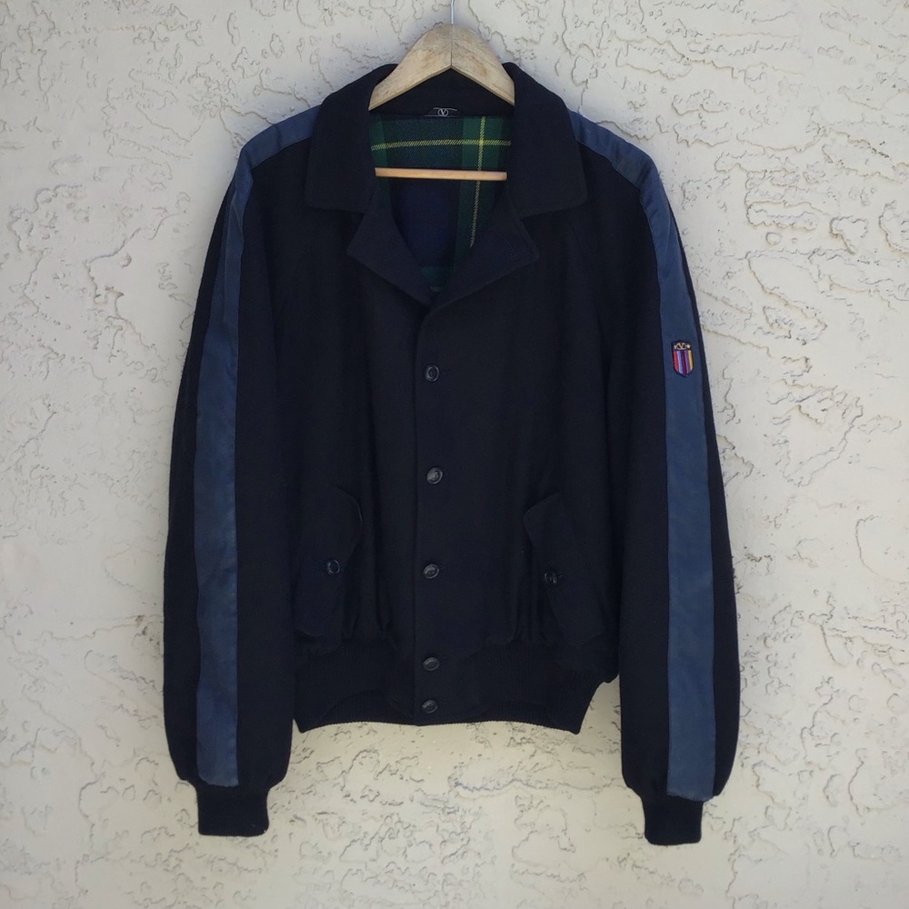 Vintage Valentino Garavani beachwear jacket size 50 navy wool bomber plaid lined